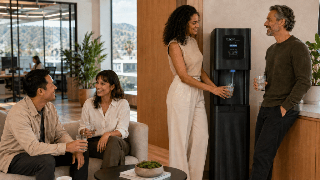 Los-Angeles-professionals-enjoying-purified-water-and-ice-from-a-Stratus-office-hydration-system